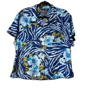 HILO HATTIE 100% Silk Hawaiian Hibiscus Animal Print Button Up Shirt, Sz L